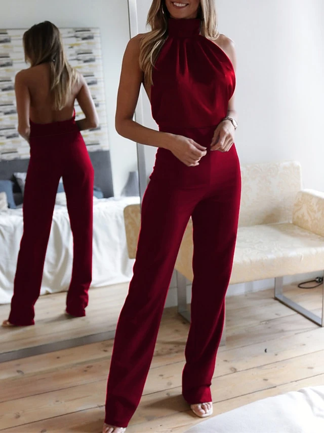 Women's Jumpsuit Backless Solid Color Halter Neck Streetwear Street Daily Regular Fit Sleeveless Black Red Blue S M L Fall 4 Women's Jumpsuit Backless Solid Color Halter Neck Streetwear Street Daily Regular Fit Sleeveless Black Red Blue S M L Fall - Image 4