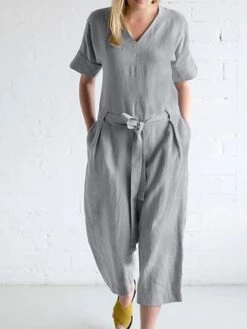 Women's Jumpsuit Lace Up Patch Pocket Solid Color V Neck Streetwear Street Daily Regular Fit Short Sleeve Black White Navy Blue S M L Summer -Cheap Plus Fit Dress Store eatnkh1689920020611