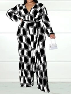 Women's Jumpsuit High Waist Print Geometric V Neck Casual Street Daily Regular Fit Long Sleeve Black Yellow Wine XL XXL 3XL Spring -Cheap Plus Fit Dress Store eaxnuh1675747238519