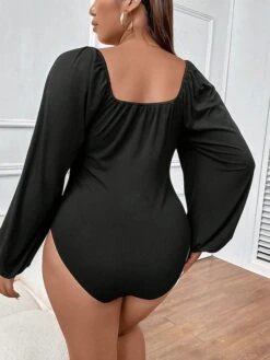 Women's Plus Size Romper Curve Solid Color Square Neck Bodycon Daily Vacation Regular Fit Long Sleeve Black XL XXL 3XL Fall