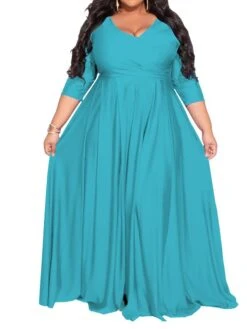 Women‘s Plus Size Curve Party Dress Pure Color V Neck 3/4 Length Sleeve Fall Spring Elegant Maxi Long Dress Party Evening Party Dress -Cheap Plus Fit Dress Store ebiesn1672020375991