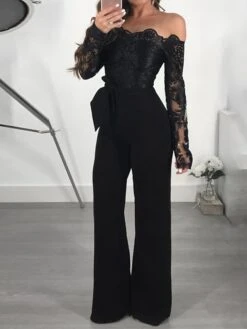 Women's Jumpsuit Lace Embroidered Floral Off Shoulder Elegant Xmas Wedding Party Christmas Regular Fit Long Sleeve Black Wine Blue S M L Fall -Cheap Plus Fit Dress Store ebqrbh1665308192110