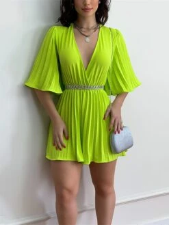 Women's Romper Pleated Solid Color V Neck Streetwear Street Xmas Daily Party Christmas Regular Fit 3/4 Length Sleeve Light Green Pink Fuchsia S M L Summer -Cheap Plus Fit Dress Store ebsdmf1681203096744