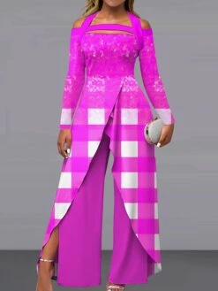 Women's Jumpsuit Print Plaid Off Shoulder Elegant Wedding Party Wide Leg Regular Fit Long Sleeve Light Green Pink Blue S M L All Seasons 7 Women's Jumpsuit Print Plaid Off Shoulder Elegant Wedding Party Wide Leg Regular Fit Long Sleeve Light Green Pink Blue S M L All Seasons -Cheap Plus Fit Dress Store ebzqex1692691225155