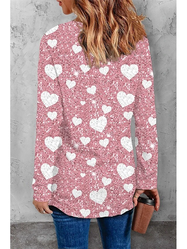 Women's T Shirt Tee Pink Heart Print Long Sleeve Valentine Weekend Fashion V Neck Regular Fit Painting Spring &Fall 2 Women's T Shirt Tee Pink Heart Print Long Sleeve Valentine Weekend Fashion V Neck Regular Fit Painting Spring &Fall - Image 2