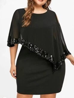 Women‘s Plus Size Curve Sequin Dress Work Dress Sheath Dress Solid Color Mini Dress Long Sleeve Crew Neck Fashion Evening Party Black Yellow Summer Spring L XL XXL 3XL 4XL