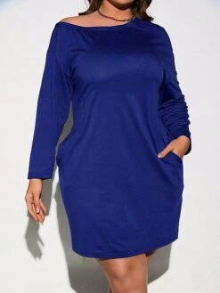 Women's Plus Size Curve Casual Dress Winter Dress T Shirt Dress Tee Dress Plain Mini Dress Long Sleeve Pocket Crew Neck Fashion Outdoor Blue Fall Winter XL XXL 3XL -Cheap Plus Fit Dress Store edqmfw1697543083259