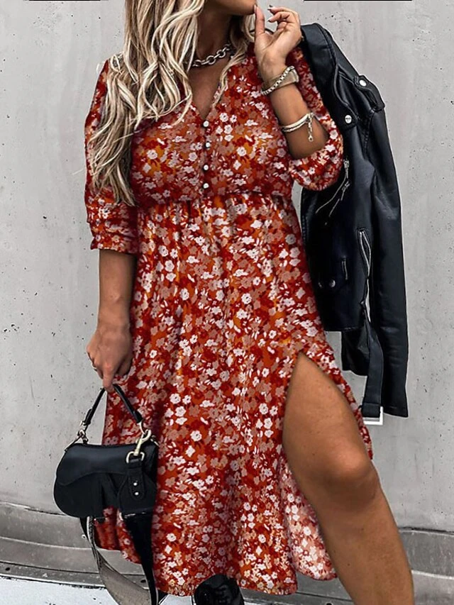 Women‘s Plus Size Curve Holiday Dress Floral V Neck Split Long Sleeve Fall Winter Casual Midi Dress Daily Vacation Dress Ruched Print 3 Women‘s Plus Size Curve Holiday Dress Floral V Neck Split Long Sleeve Fall Winter Casual Midi Dress Daily Vacation Dress Ruched Print - Image 3