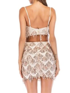 Women's Two Piece Dress Set Party Dress Skirt Set Party Cocktail Party Fashion Party Tassel Fringe Backless Mini Dress Strap Sleeveless Plain Slim Champagne Gold Spring Fall S M L XL -Cheap Plus Fit Dress Store edxqly1692935665810