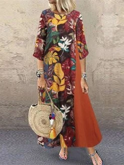 Women's Casual Dress Cotton Dress Black Dress Maxi Long Dress Cotton Blend Basic Modern Outdoor Daily Vacation Crew Neck Print Half Sleeve Summer Spring 2023 Loose Fit Black Yellow Red Flower M L XL -Cheap Plus Fit Dress Store eeirzr1683796338157