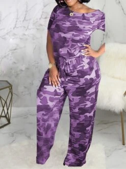 Women's Jumpsuit Pocket Print Camo / Camouflage Crew Neck Streetwear Street Daily Regular Fit Half Sleeve Black Purple Green S M L Summer