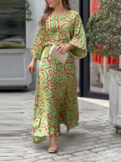 Women's Two Piece Dress Set Casual Dress Skirt Set Daily Vacation Fashion Casual Print Long Dress Maxi Dress Crew Neck Long Sleeve Floral Stripe Loose Fit White Blue Sky Blue Summer Spring S M L XL -Cheap Plus Fit Dress Store eewvwt1689836907378