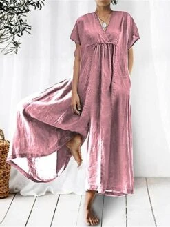 Women's Jumpsuit Pocket Solid Color V Neck Streetwear Daily Holiday Regular Fit Short Sleeve Black Pink Red S M L Summer -Cheap Plus Fit Dress Store eexcyf1679469327203