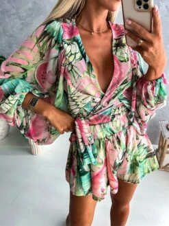 Women's Romper Print Floral V Neck Streetwear Street Going Out Regular Fit Long Sleeve Pink Red Blue S M L Summer