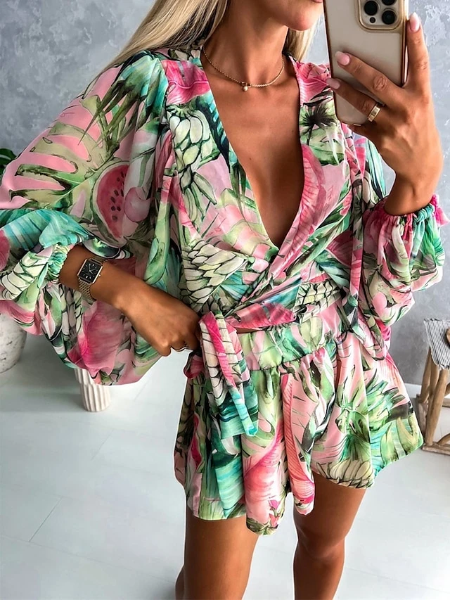 Women's Romper Print Floral V Neck Streetwear Street Going Out Regular Fit Long Sleeve Pink Red Blue S M L Summer 1 Women's Romper Print Floral V Neck Streetwear Street Going Out Regular Fit Long Sleeve Pink Red Blue S M L Summer