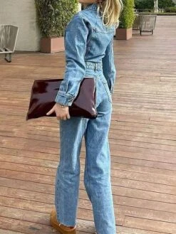 Women's Jumpsuit Button Pocket Solid Color Shirt Collar Streetwear Street Daily Regular Fit Long Sleeve Blue XS S M Fall -Cheap Plus Fit Dress Store efcgxc1693964667351