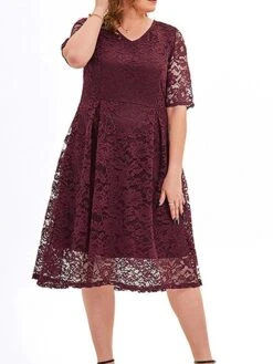 Women‘s Plus Size Curve Party Dress Lace Dress Cocktail Dress Midi Dress Black Pink Wine Half Sleeve Pure Color Lace Summer Spring Fall V Neck Fashion Birthday Wedding Guest Vacation 2023 -Cheap Plus Fit Dress Store efgvgk1691564496938