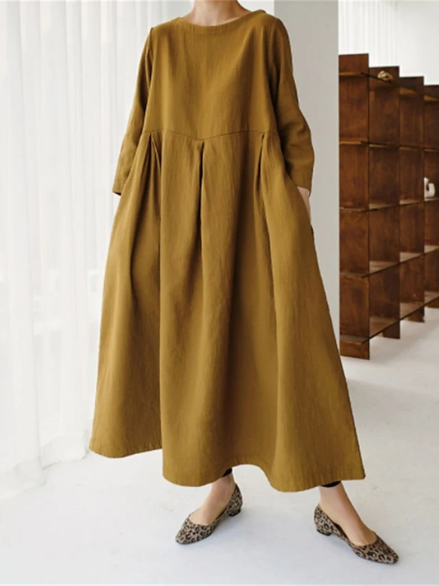 Women's Cotton Linen Dress Casual Dress Swing Dress Maxi Long Dress Cotton Blend Basic Classic Outdoor Daily Crew Neck Pocket Smocked Long Sleeve Summer Spring Fall 2023 Loose Fit Black Yellow Green 16 Women's Cotton Linen Dress Casual Dress Swing Dress Maxi Long Dress Cotton Blend Basic Classic Outdoor Daily Crew Neck Pocket Smocked Long Sleeve Summer Spring Fall 2023 Loose Fit Black Yellow Green - Image 16