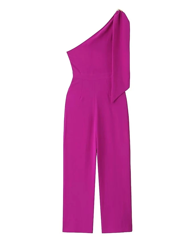 Women's Jumpsuit Pocket Solid Color One Shoulder Active Daily Vacation Wide Leg Slim Long Sleeve Fuchsia XS S M Fall 2 Women's Jumpsuit Pocket Solid Color One Shoulder Active Daily Vacation Wide Leg Slim Long Sleeve Fuchsia XS S M Fall - Image 2