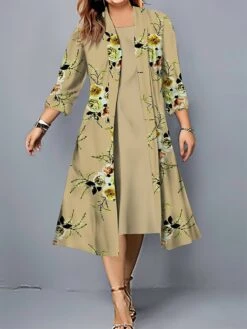 Women's Plus Size Two Piece Dress Set Casual Dress Swing Dress Outdoor Office Fashion Streetwear Print Midi Dress Crew Neck 3/4 Length Sleeve Floral Regular Fit Pink Blue Khaki Fall Winter L XL XXL -Cheap Plus Fit Dress Store eggtpl1696907470093