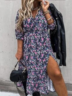 Women‘s Plus Size Curve Holiday Dress Floral V Neck Split Long Sleeve Fall Winter Casual Midi Dress Daily Vacation Dress Ruched Print