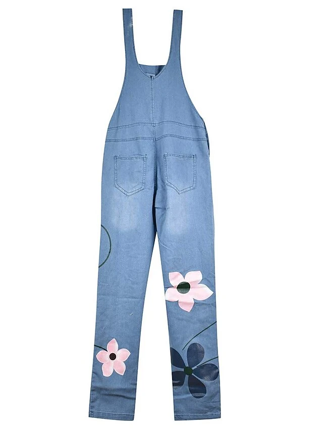 Denim Jumpsuit For Women Overall Utility Patch Pocket Print Floral Casual Daily Going Out Regular Fit Sleeveless Blue Gray Light Blue S M L Fall Cowboy 5 Denim Jumpsuit For Women Overall Utility Patch Pocket Print Floral Casual Daily Going Out Regular Fit Sleeveless Blue Gray Light Blue S M L Fall Cowboy - Image 5