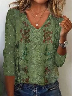 Women's T Shirt Tee Pink Blue Purple Floral Button Print Long Sleeve Holiday Weekend Basic V Neck Regular Fit Floral Painting Fall & Winter