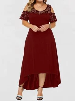 Women‘s Plus Size Curve Party Dress Lace Dress Wedding Guest Dress Black Dress Long Dress Maxi Dress Wine Blue Short Sleeve Pure Color Lace Summer Spring Fall Crew Neck Fashion Birthday Vacation -Cheap Plus Fit Dress Store ehqzdz1691044193562