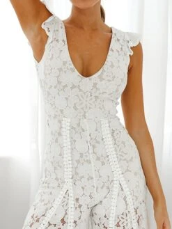 Women's Jumpsuit Lace Ruffle Solid Color V Neck Party Wedding Dressy Street Daily Wide Leg Regular Fit Sleeveless Apricot XS S M Summer -Cheap Plus Fit Dress Store ehuzoz1690449261698