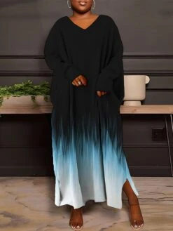 Women's Plus Size Curve Casual Dress Sweatshirt Dress Winter Dress Floral Gradient Long Dress Maxi Dress Long Sleeve Split Print V Neck Fashion Outdoor Pink Blue Fall Winter L XL XXL 3XL 4XL -Cheap Plus Fit Dress Store ehwooh1693386776433