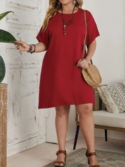 Women‘s Plus Size Curve Casual Dress T Shirt Dress Tee Dress Shift Dress Solid Color Midi Dress Short Sleeve Crew Neck Basic Daily Black Red Spring Summer L 3XL 4XL 5XL 6XL -Cheap Plus Fit Dress Store eibnnp1672223210767