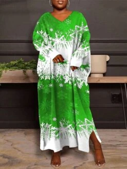 Women's Christmas Plus Size Curve Casual Dress Winter Dress Snowflake Long Dress Maxi Dress Long Sleeve Print V Neck Fashion Outdoor Red Blue Fall Winter L XL XXL 3XL 4XL -Cheap Plus Fit Dress Store eiqnyt1695360876428