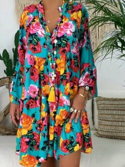 Women‘s Plus Size Curve Casual Dress Floral V Neck Print Long Sleeve Fall Spring Casual Short Mini Dress Daily Vacation Dress -Cheap Plus Fit Dress Store eizpgt1660643937636