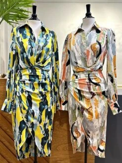 Women's Shirt Dress Casual Dress Bodycon Midi Dress Outdoor Daily Date Polyester Fashion Modern Shirt Collar Button Print Long Sleeve Summer Spring Fall 2023 Regular Fit Orange Green Color Block S M -Cheap Plus Fit Dress Store ejepsb1689823464835