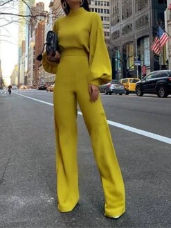 Women's Jumpsuit High Waist Solid Color Stand Collar Streetwear Xmas Office Christmas Regular Fit Long Sleeve Lantern Sleeve Black White Yellow S M L Fall -Cheap Plus Fit Dress Store ejtjwc1695347355945