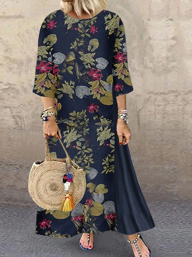 Women's Plus Size Holiday Dress Floral Crew Neck Print 3/4 Length Sleeve Fall Spring Casual Maxi Long Dress Causal Daily Dress / Linen 1 Women's Plus Size Holiday Dress Floral Crew Neck Print 3/4 Length Sleeve Fall Spring Casual Maxi Long Dress Causal Daily Dress / Linen