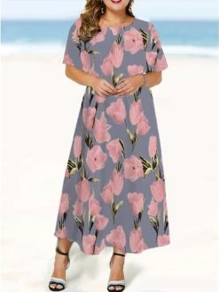 Women‘s Plus Size Curve Casual Dress Floral Long Dress Maxi Dress Short Sleeve Print Crew Neck Fashion Outdoor Pink Purple Summer Spring L XL XXL 3XL 4XL -Cheap Plus Fit Dress Store ejwjnz1679305428706
