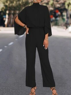 Women's Jumpsuit High Waist Solid Color Stand Collar Streetwear Work Street Xmas Regular Fit 3/4 Length Sleeve Black Green S M L Fall -Cheap Plus Fit Dress Store ekcprk1695025396314