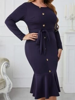 Women‘s Plus Size Curve Work Dress Sheath Dress Semi Formal Dress Fashion Midi Dress Lace Up Ruffle Crew Neck Long Sleeve Plain Regular Fit Navy Blue Spring Fall XL XXL 3XL 4XL -Cheap Plus Fit Dress Store ekkkkf1675059817985