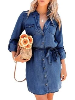 Women's Shirt Dress Casual Dress Mini Dress Outdoor Daily Denim Fashion Modern Shirt Collar Lace Up Button Long Sleeve Fall Winter 2023 Loose Fit Navy Blue Blue Pure Color S M L XL -Cheap Plus Fit Dress Store ekmsdl1693226275931