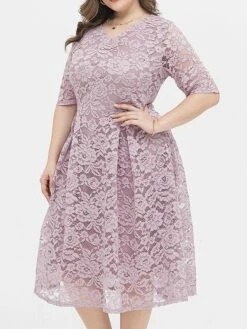 Women‘s Plus Size Curve Party Dress Lace Dress Cocktail Dress Midi Dress Black Pink Wine Half Sleeve Pure Color Lace Summer Spring Fall V Neck Fashion Birthday Wedding Guest Vacation 2023 -Cheap Plus Fit Dress Store ekqgvl1691564486721