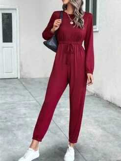 Women's Jumpsuit Drawstring Solid Color Crew Neck Streetwear Street Daily Regular Fit 3/4 Length Sleeve Black Red S M L Fall -Cheap Plus Fit Dress Store ekvrvq1690941124284