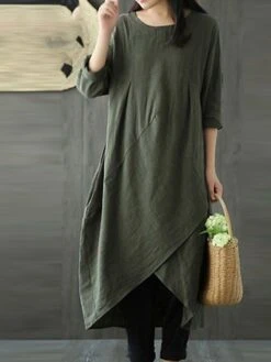 Women's Cotton Linen Dress Casual Dress Shift Dress Maxi Long Dress Cotton Blend Casual Winter Dress Daily Going Out Crew Neck Pocket Layered Long Sleeve Summer Spring Fall 2023 Loose Fit Black Green -Cheap Plus Fit Dress Store elbtnl1653381111771