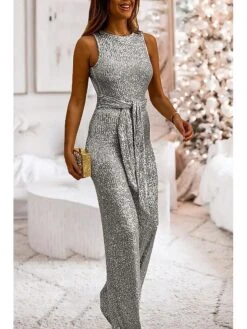 Women's Jumpsuit Backless Sequin Solid Color Crew Neck Elegant Party Christmas Prom Regular Fit Sleeveless Silver Black Pink S M L SummerFall