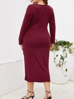Women‘s Plus Size Curve Work Dress Sheath Dress Semi Formal Dress Fashion Midi Dress Ruched Split V Neck Long Sleeve Plain Regular Fit Black Wine Purple Fall Winter L XL XXL 3XL 4XL -Cheap Plus Fit Dress Store elkcxc1691401369424