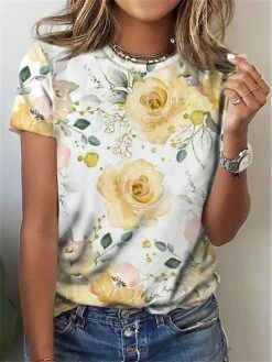 Women's T Shirt Tee Yellow Pink Blue Floral Print Short Sleeve Holiday Weekend Fashion Basic Elegant Round Neck Regular Fit Floral Painting -Cheap Plus Fit Dress Store elkfcu1690280311937
