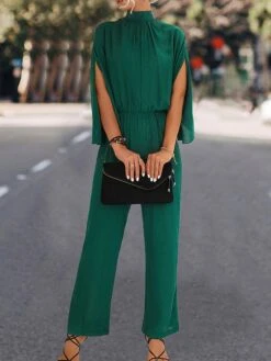 Women's Jumpsuit High Waist Solid Color Stand Collar Streetwear Work Street Xmas Regular Fit 3/4 Length Sleeve Black Green S M L Fall -Cheap Plus Fit Dress Store elngyo1695025395254