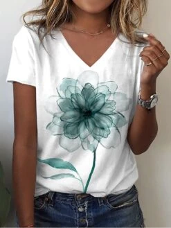 Women's T Shirt Tee Blue Purple Green Floral Print Short Sleeve Casual Holiday Weekend Basic V Neck Regular Fit Floral Painting 5 Women's T Shirt Tee Blue Purple Green Floral Print Short Sleeve Casual Holiday Weekend Basic V Neck Regular Fit Floral Painting -Cheap Plus Fit Dress Store emyvnj1652775699518