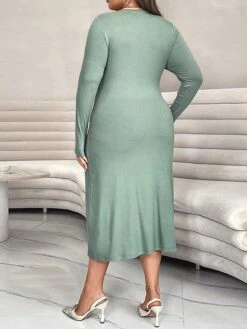 Women's Plus Size Curve Casual Dress Winter Dress Bodycon Solid Color Midi Dress Long Sleeve Ruched V Neck Fashion Outdoor Green Fall Winter XL XXL 3XL -Cheap Plus Fit Dress Store enbgtj1697706465631