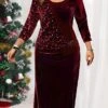 Women's Plus Size Curve Party Dress Wine Red Velvet Dress Sequin Dress Plain Midi Dress 3/4 Length Sleeve Crew Neck Fashion